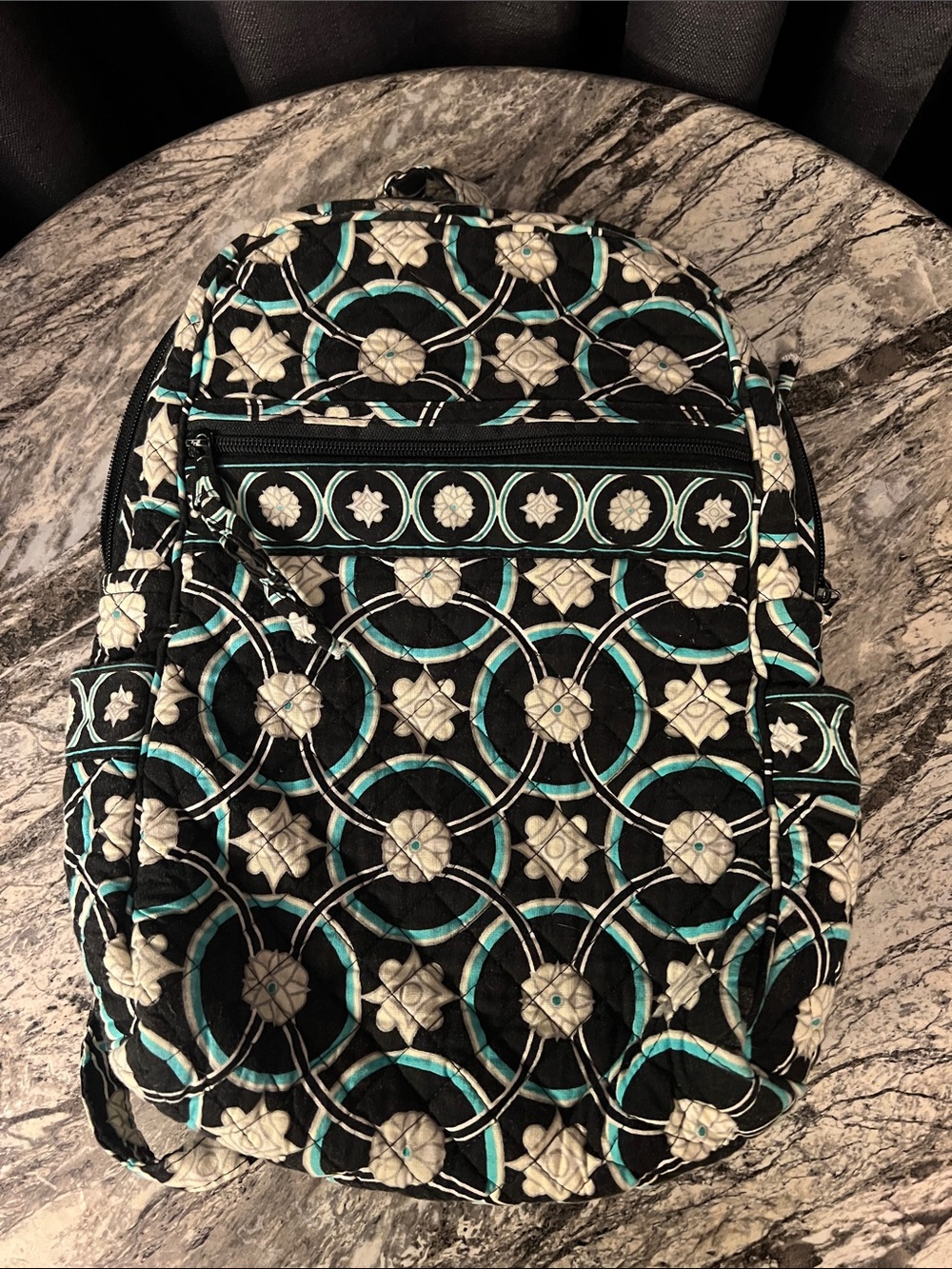 Patterned Quilted Mini Backpack in Black, Cream & Teal